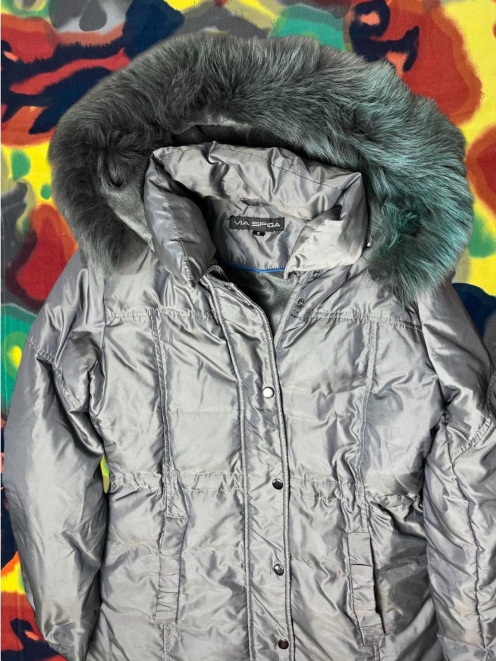 Y2K Via Spiga Puffer Down Jacket with Dyed Fur Fox Tail Lined Hood Size Small